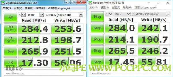 ▲固态硬盘读写情况测试（左侧为Win7，右侧为Win10）