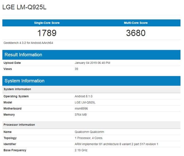 本月发 LG Q9现身GeekBench：骁龙821加持