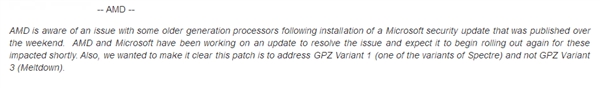 CPU漏洞补丁致老平台变砖 AMD回应：正解决、绝不伤性能