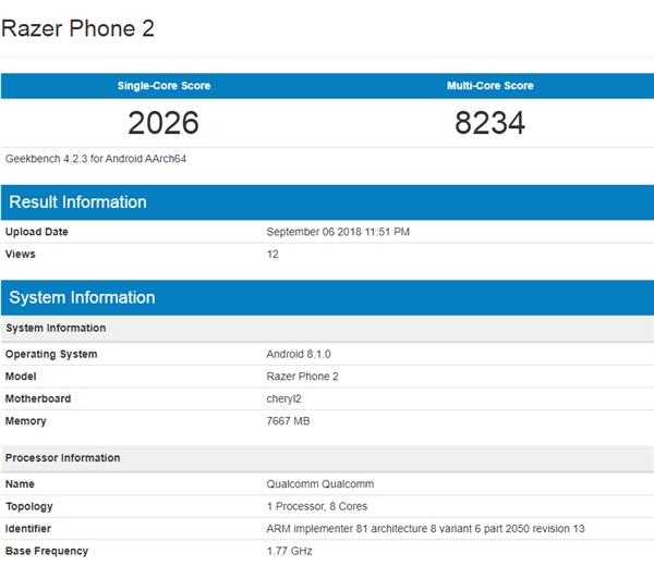 雷蛇Razer Phone 2现身GeekBench：骁龙845+8G内存