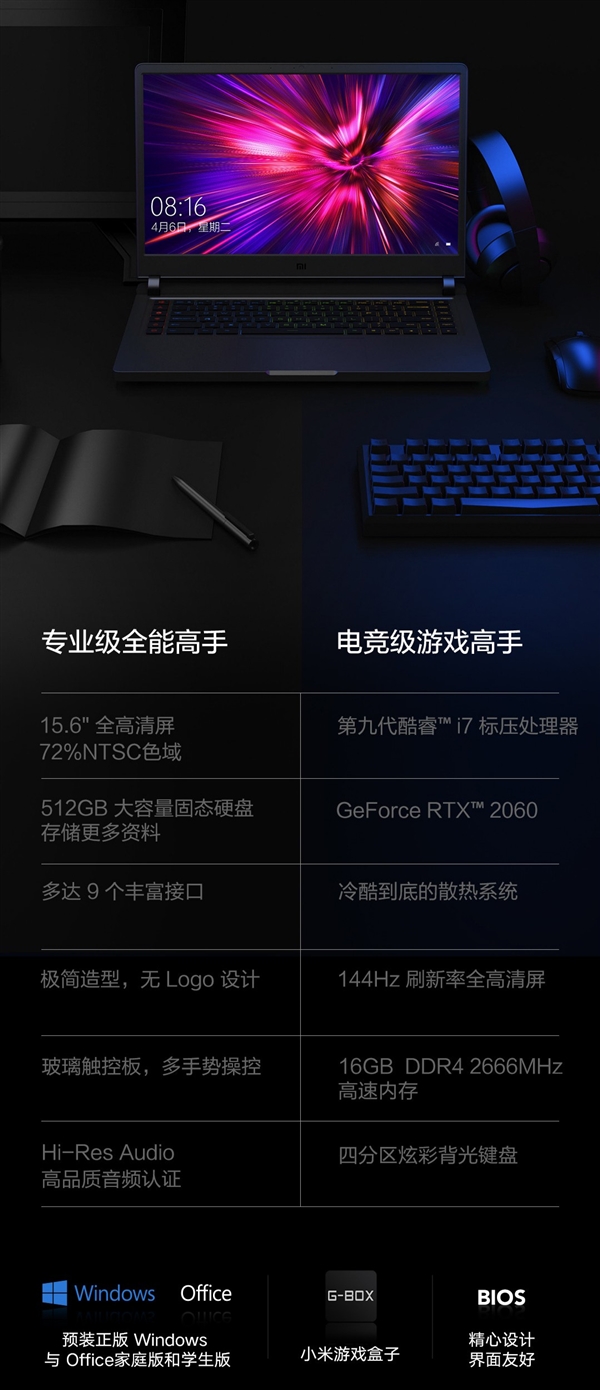 小米游戏本2019款发布：顶配i7-9750H＋RTX2060＋144Hz