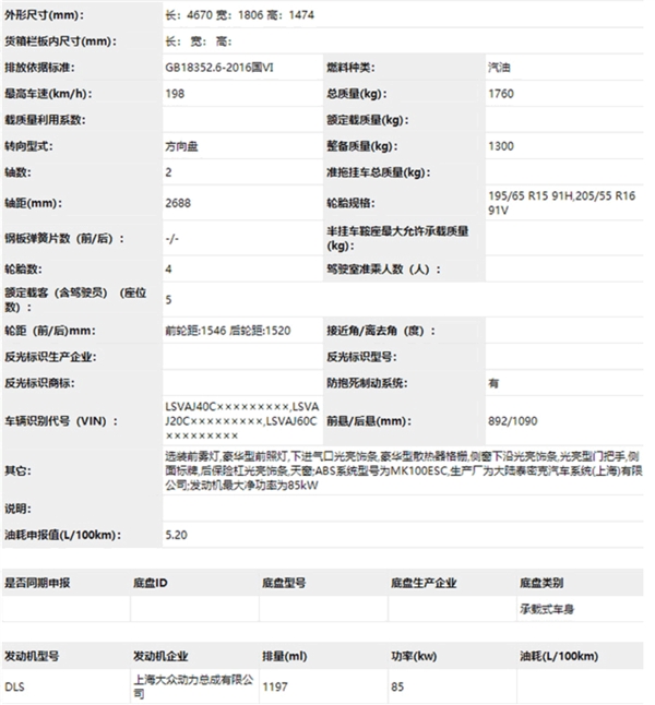 大众新款朗逸申报信息曝光：帕萨特既视感 百公里油耗仅5.2L